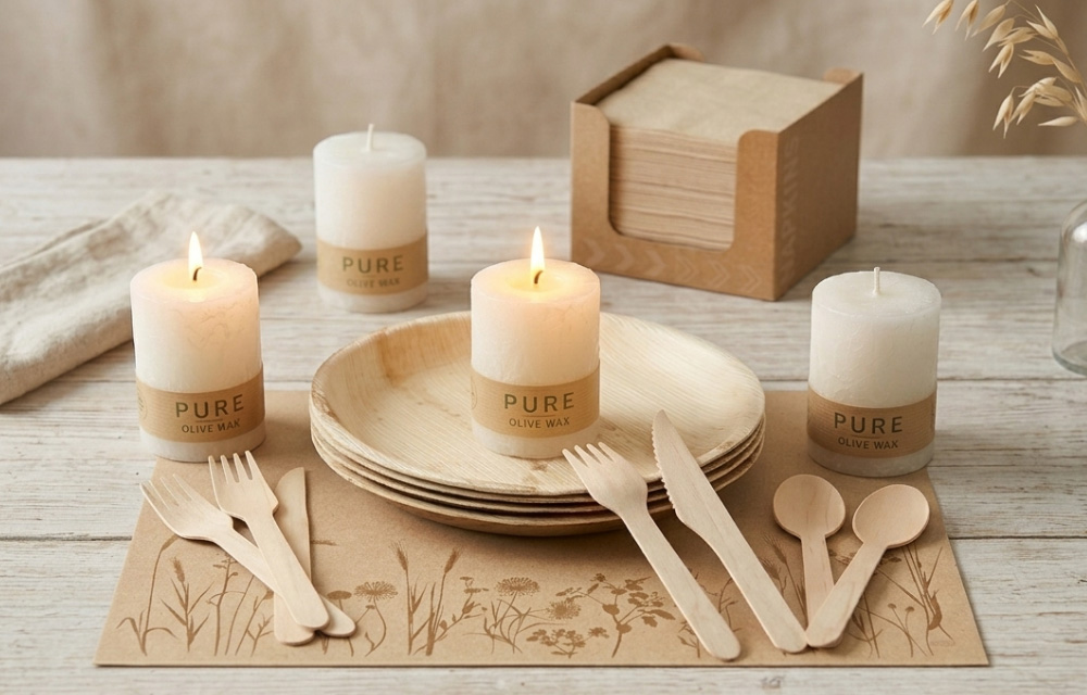 Eco Tischdeko mit nachhaltigen Palmblatt-Tellern, Olivenwachs-Kerzen, passendem Holz-Besteck und Kraft-Papierservietten. Perfekt für ein umweltfreundliches Event.