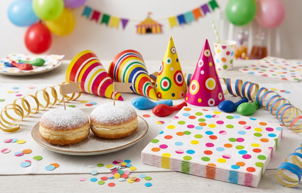 Fasching Karneval Tischdeko mit bunten Punkten, Servietten, Partyhüten und Berliner Pfannkuchen auf hellem Tischläufer.