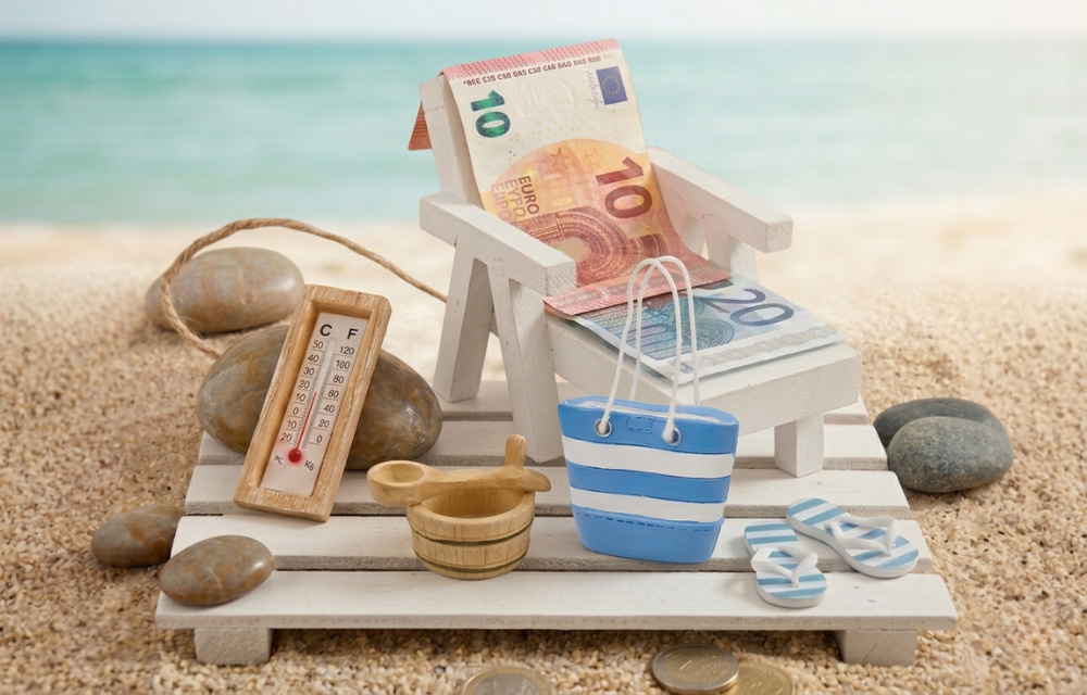 Miniatur-Deko Geldgeschenk Reise:: Miniatur-Liegestuhl auf Sand mit Euroscheinen, Thermometer und Strandtasche vor blauem Meer.