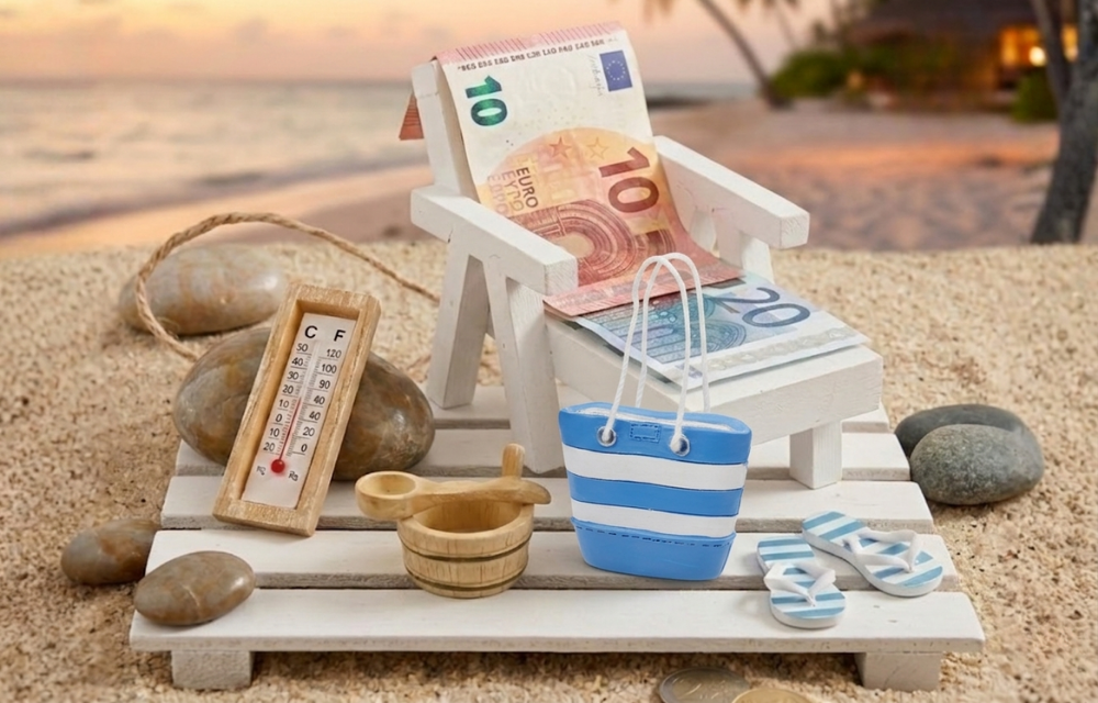 Geldgeschenk - Kleine Strandtasche, blau-weiß gestreift, auf Holzplanken im Sand neben einem Mini-Liegestuhl mit Euro-Scheinen.