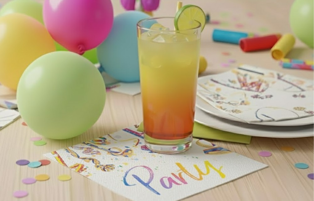 Farbenfrohe Party-Tischdeko mit Ballons, Konfetti, einem Cocktail und einer Serviette mit dem Wort Party.