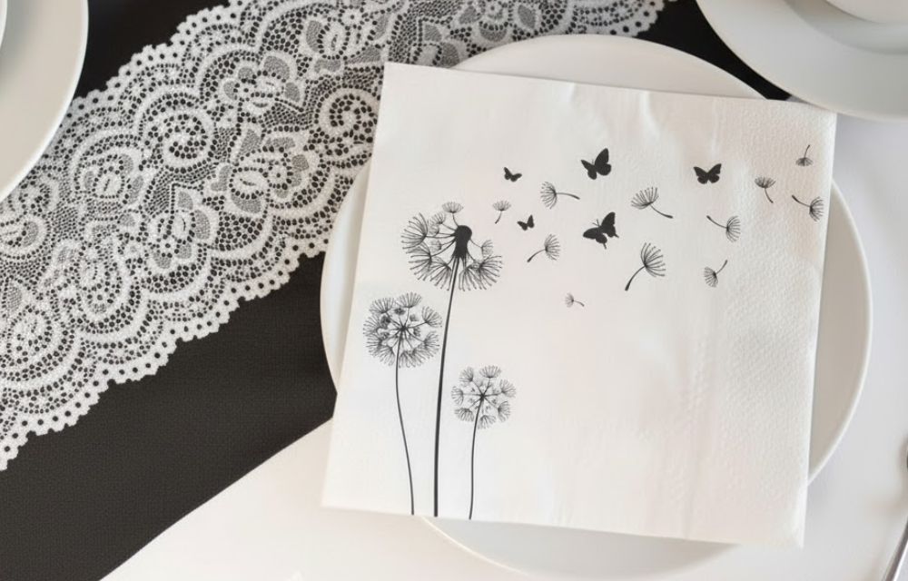 Stilvolle Tischdekoration zur Trauerfeier mit einer Serviette, die Pusteblumen, fliegende Samen und Schmetterlinge zeigt.