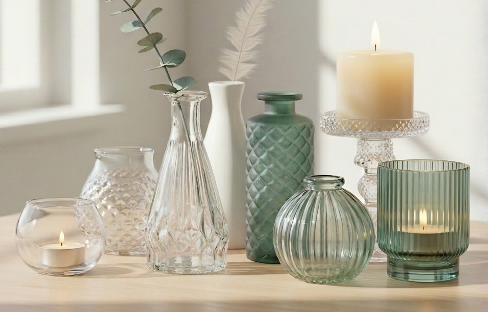 Glasdeko: Verschiedene Glasvasen in Grün und Klar sowie brennende Kerzen auf einem Holztisch sorgen für gemütliches Licht.
