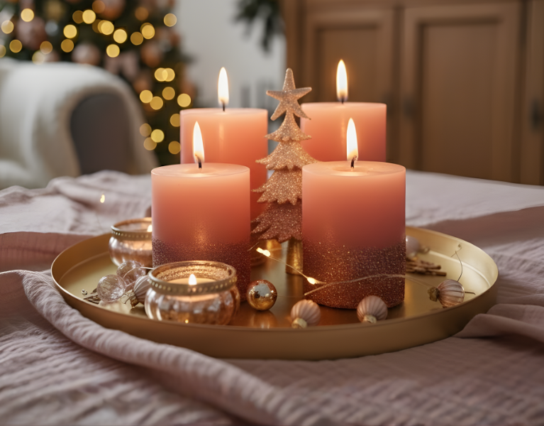 Adventsgesteck mit altrosa Kerzen und Glitzer auf goldenem Tablett, umgeben von Musselin-Tischläufer in gemütlichem Wohnzimmer.