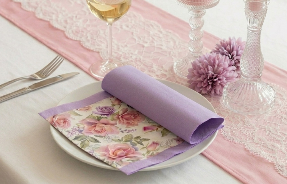 Nostalgischer Tisch in Rosa und Lila mit floraler Serviette, weißer Spitze, Weinglas und gläsernen Kerzenständern.