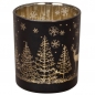Teelichtglas Winterwald mit Hirsch in Schwarz/Gold verspiegelt, 78 mm.