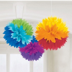 3 Pompons zur Raumdeko, Regenbogenfarben, 40 cm