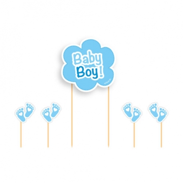 5 Deko Stecker für Tortendeko - Baby Boy! & Babyfüßchen - in Blau,  17 cm