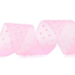 24 Meter Tischband Taufe Organza Punkte in Rosa, 40 mm.