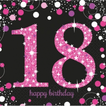 16er Pack Servietten Funkelnde 18, Geburtstag in Pink, 33 x 33 cm