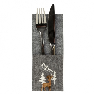 Filz Bestecktasche mit ländlichem Motiv und Hirsch aus Kork, in Grau meliert, 20 cm