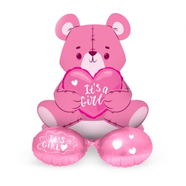 Stehender Folien Luftballon Bär - It's a Girl- in Rosa, 61 cm