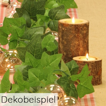 Dekobeispiel für Teelichthalter Baumstamm mit Glaseinsatz, klein und groß.