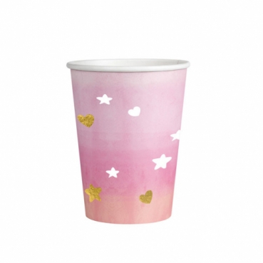 8er Pack Becher Babyparty, Herzen & Sterne in Rosa/Gold metallic