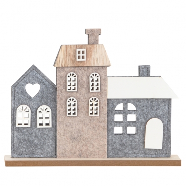 Filz Häuser mit Holzverzierung, Herz, in Grau/Taupe, 25 cm