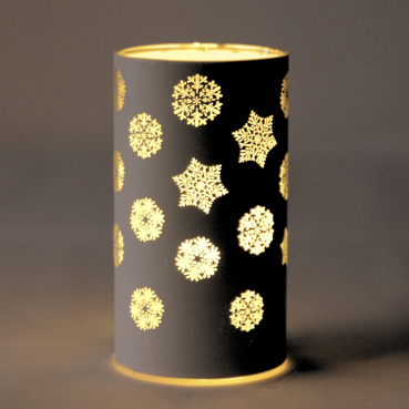 Deko LED-Licht Zylinder, Eiskristalle in Weiß, 12,5 cm im Dunkeln, Beleuchtung an.