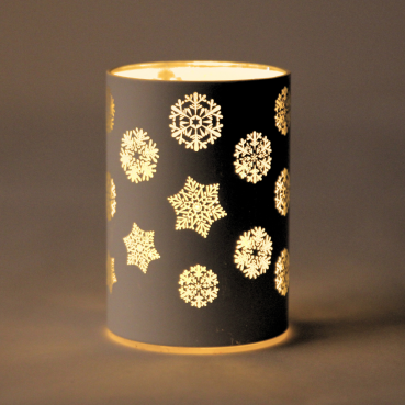 Deko LED-Licht Zylinder, Eiskristalle in Weiß, 10,5 cm, im Dunkeln, Beleuchtung an.
