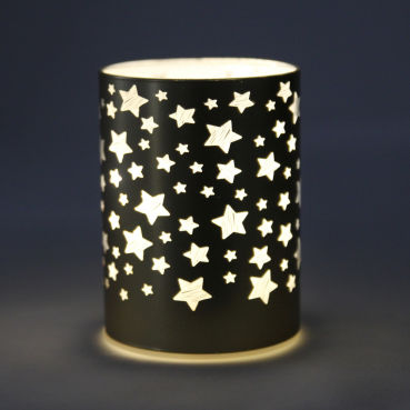 Deko LED-Licht Zylinder, Sternenzauber in Gold, 12,5 cm im Dunkeln, Beleuchtung an.