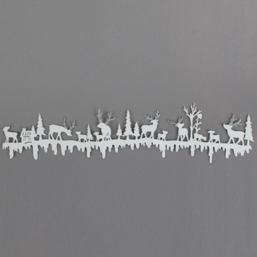 Deko Metall Leiste mit Hirschen & Rehen im Winterwald in Weiß/Silber glitzernd, 50 cm