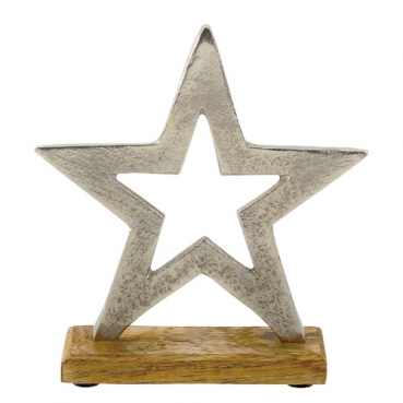 Metall Stern in Silber mit Holz Sockel, 17 cm