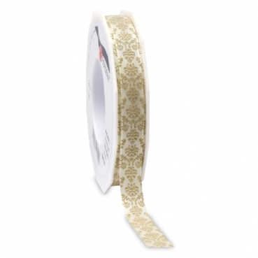 20 Meter Tischband, Dekoband, Bozen, Ornamente in Creme, beflockt, 15 mm