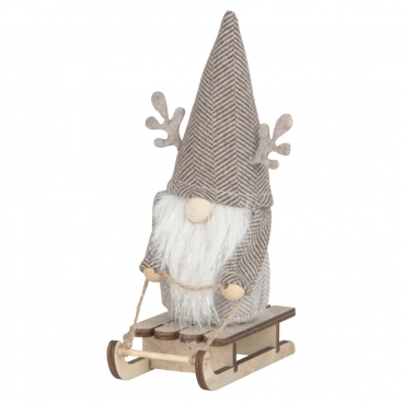Dekofigur Weihnachten, Winter, Filz Wichtel auf Holz Schlitten, Mütze in Braun, 18 cm