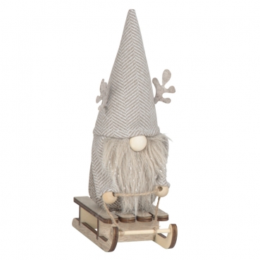 Dekofigur Weihnachten, Winter, Filz Wichtel auf Holz Schlitten, Mütze in Taupe, 18 cm