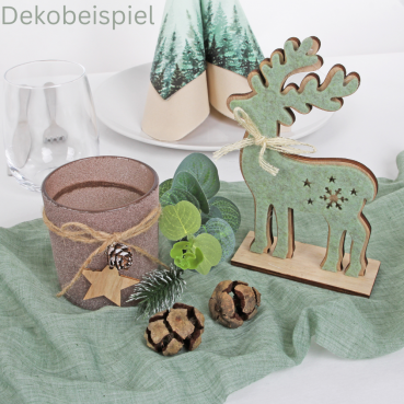 Weihnachtliches Dekobeispiel mit dem Teelichtglas Weihnachten, Frostoptik, mit Stern, in Braun, 80 mm.