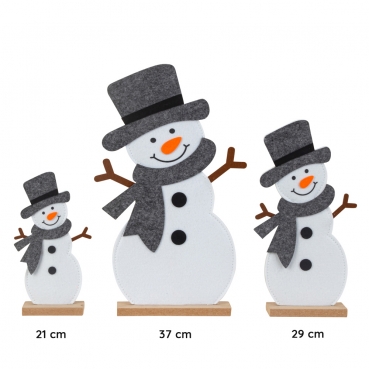 3 Deko Filz Schneemänner auf Sockel, 21 cm, 29 cm und 37 cm.