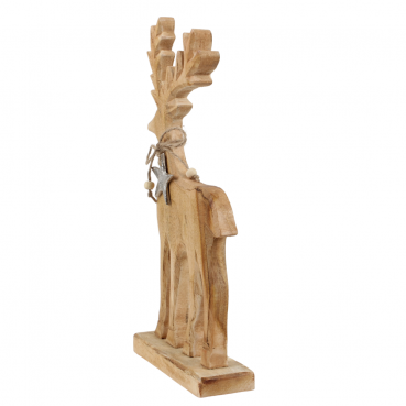 Holz Hirsch mit Sternanhänger, auf Sockel, 32 cm, Seitenansicht.
