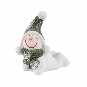 Kleiner Keramik Schneemann auf dem Bauch liegend, 90 mm