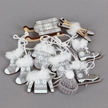 6 tlg. Holz Christbaumschmuck, Winterdeko-Set in Grau, 50 - 70 mm