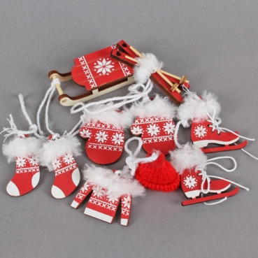 6 tlg. Holz Christbaumschmuck, Winterdeko-Set in Rot, 50 - 70 mm