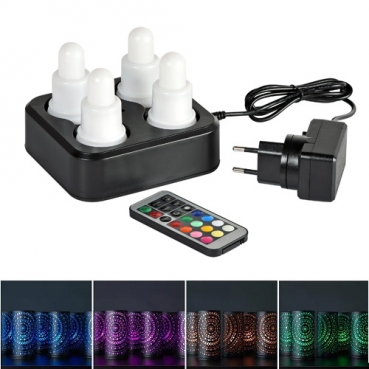 4er Set Duni LED Kerzen multicolour & warmweiß, Fernbedienung und Ladestation