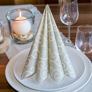 50er Pack Tafeldeko Premium Faltservietten Ornamente in Greige-Creme, 40 x 40 cm