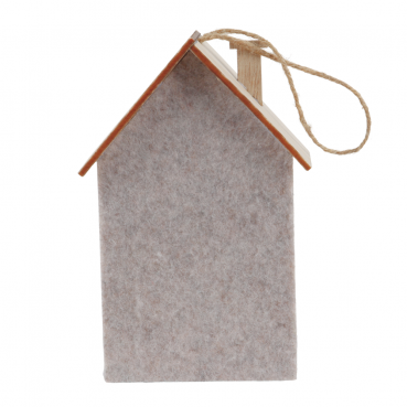 Deko Filz Haus mit Holz Verzierung und LED Beleuchtung, 14 cm, Ansicht Rückseite.