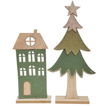 2er Set Filz Weihnachtsbaum und Haus in Grün, 32 cm/23 cm