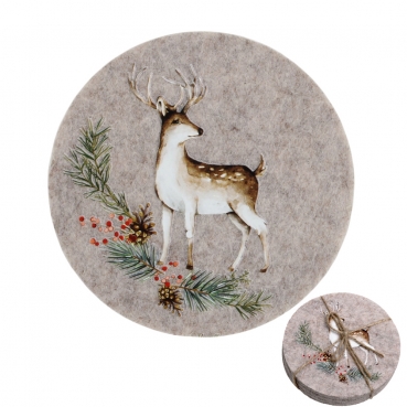 4 Filz Untersetzer Hirsch, rund, dunkel, 10 cm
