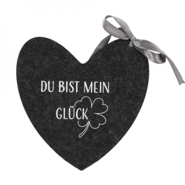 Filz Gastgeschenk, Untersetzer Herz -Du bist mein Glück- in Anthrazit/Weiß, 13 cm