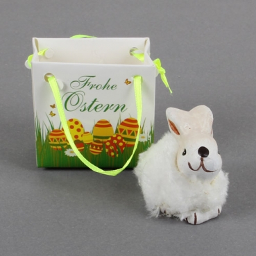 Gastgeschenk Ostern, Häschen mit Plüschfell in Weiß, im Tütchen