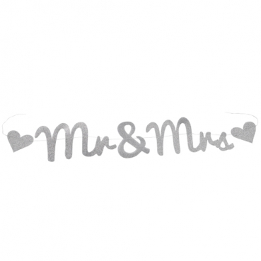 Deko Girlande Hochzeit, -Mr & Mrs-, Herz, in Silber, 90 x 10,5 cm