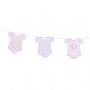 3 Meter Taufe Girlande mit 12 Babybody-Wimpeln in Rosa.