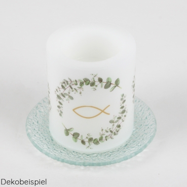 Dekobeispiel mit einer Motiv-Tischkerze von dem Glas Kerzenteller rund mit Struktur, 11,7 cm.