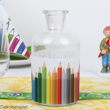 Glas Flaschen Väschen Einschulung, Schulanfang, Buntstifte, 12 cm