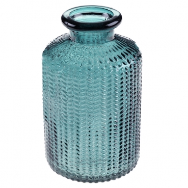 Kleines Glas Flaschen Väschen, gemustert, in Petrol, 10 cm