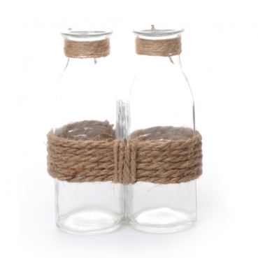 Glas Väschen Duo mit Juteverzierung, 14 cm