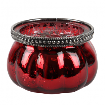 Glas Windlicht, Vintage in Rot verspiegelt mit Metallrand in Antik-Silber, 85 mm