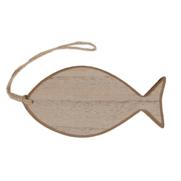 Holz Fisch, bauchig, mit Schnur, in Naturbraun, 14,5 cm
