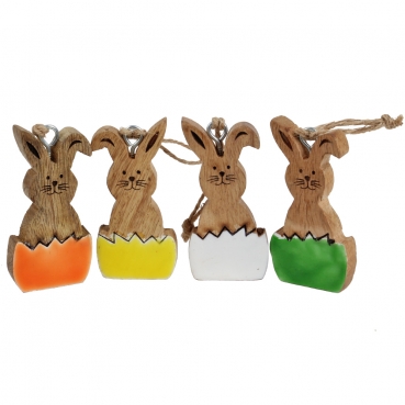 4 Mangoholz Osterhasen, bunte Eierschalen-Optik, zum Aufhängen, 78 mm