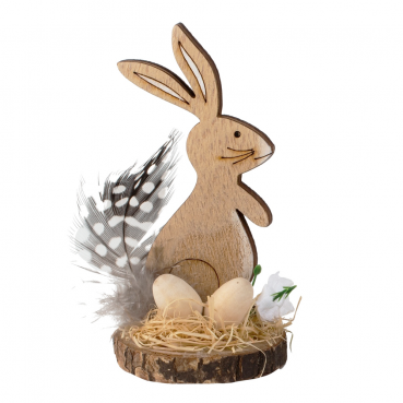 Kleiner Holz Osterhase auf Baumscheibe mit Verzierung, Nr. 1, 95 mm